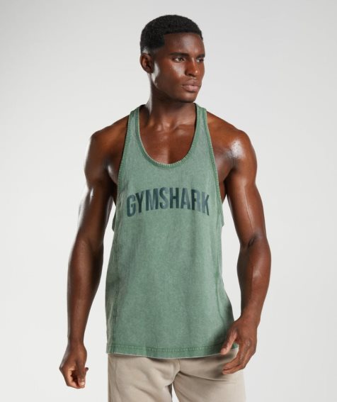 Men's Gymshark Power Washed Stringer Tanks Green | CA 83501D